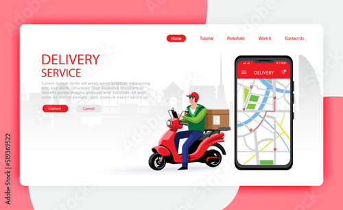 Landing Page Online delivery service , online order tracking, delivery home and office. Scooter delivery. Shipping. Man on the bike. Vector illustration