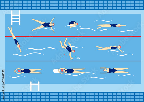 Swimmers in swimming pool. Sport professional swimming pool with lanes. people swim in public swimming pool vector illustration set. 
