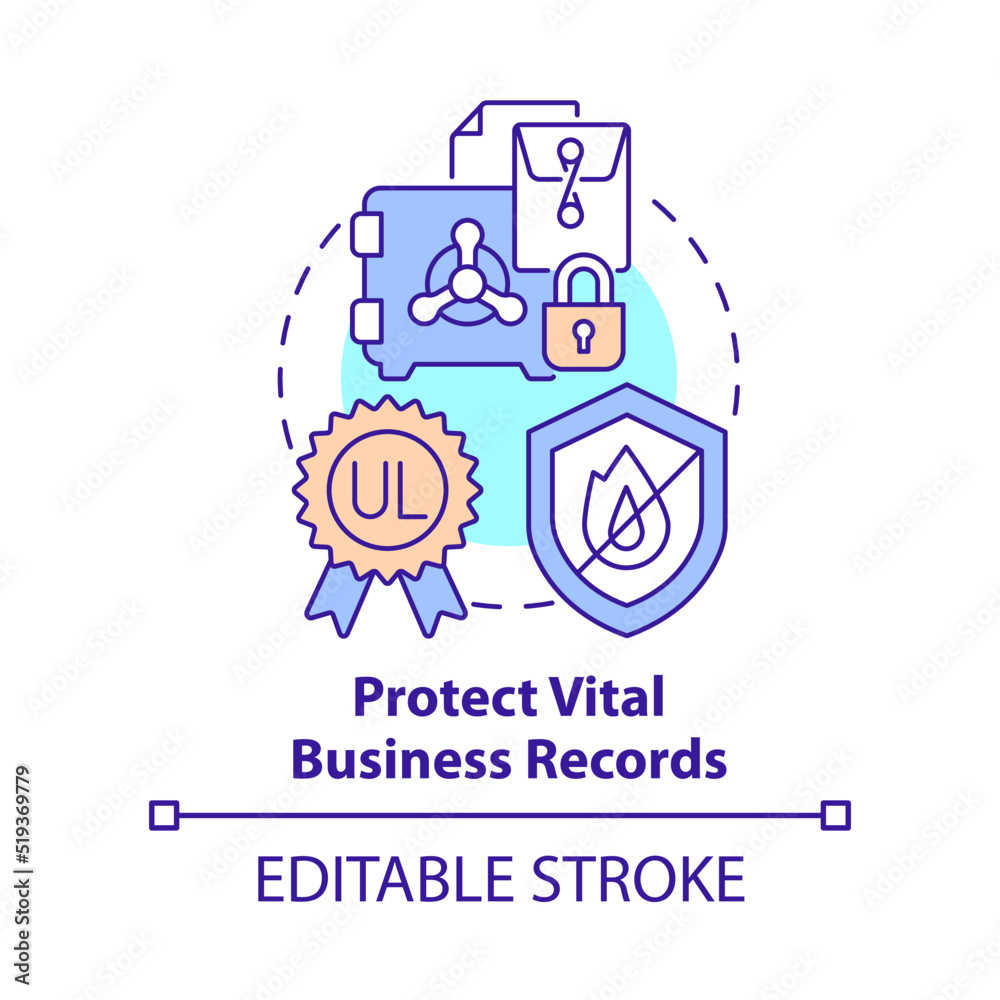 Protect vital business records concept icon. Emergency preparedness for business abstract idea thin line illustration. Isolated outline drawing. Editable stroke. Arial, Myriad Pro-Bold fonts used Protect vital business records concept icon. Emergency preparedness for business abstract idea thin line illustration. Isolated outline drawing. Editable stroke. Arial, Myriad Pro-Bold fonts used