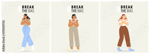  Flat vector illustration with young women stand up for women's rights. Concept of girl power. International women's day.
