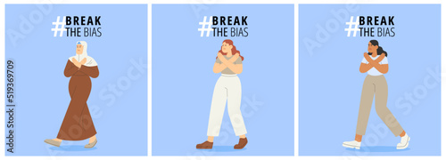 Flat vector illustration with young women stand up for women's rights. Concept of girl power. International women's day.