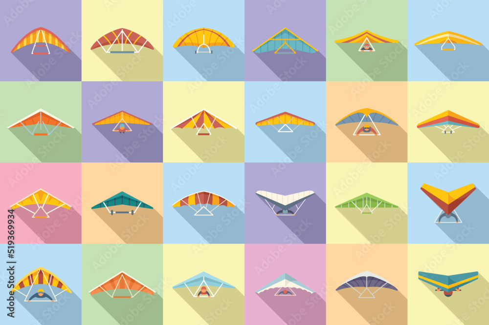 Hang glider icons set flat vector. Sport activity Hang glider icons set flat vector. Sport activity