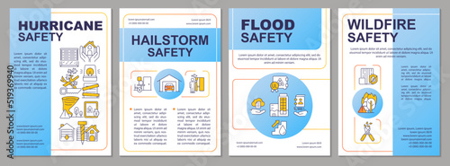 Natural disasters safety precautions blue brochure template. Leaflet design with linear icons. Editable 4 vector layouts for presentation, annual reports. Arial, Myriad Pro-Regular fonts used