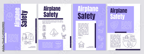 Flight safety procedures purple brochure template. Survive plane crash. Leaflet design with linear icons. Editable 4 vector layouts for presentation, annual reports. Anton, Lato-Regular fonts used