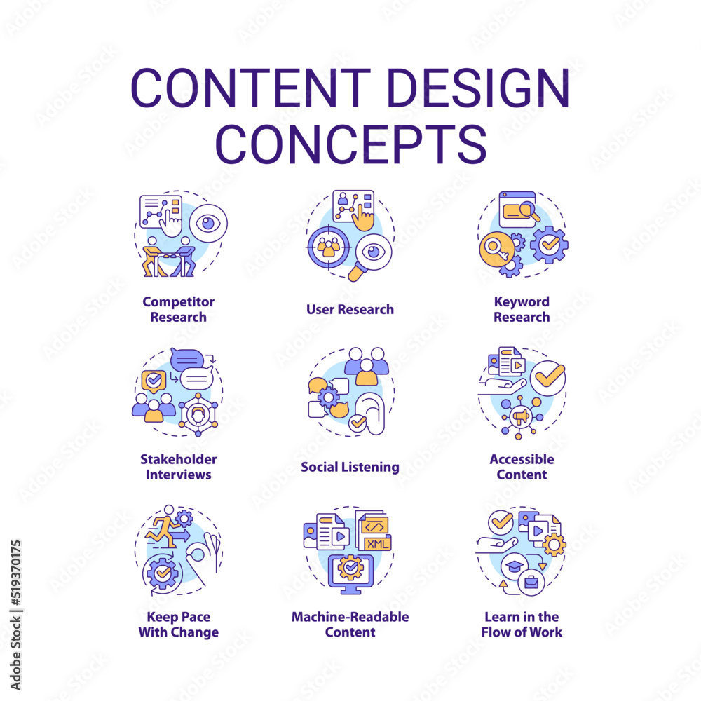 Content design concept icons set. Information about business. Service idea thin line color illustrations. Isolated symbols. Editable stroke. Roboto-Medium, Myriad Pro-Bold fonts used