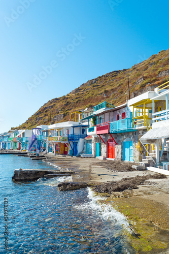 Colorful syrmata fishing houses of Klima village at Milos island in Greece
