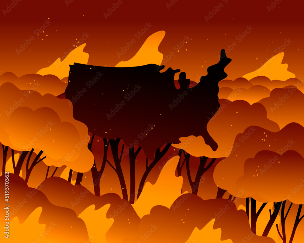 USA's shape placed as a tree of a burning forest.
Wildfires in USA crisis, burning forests, summer high temperatures, global warming, climate changes and heatwave concepts. Vector illustration