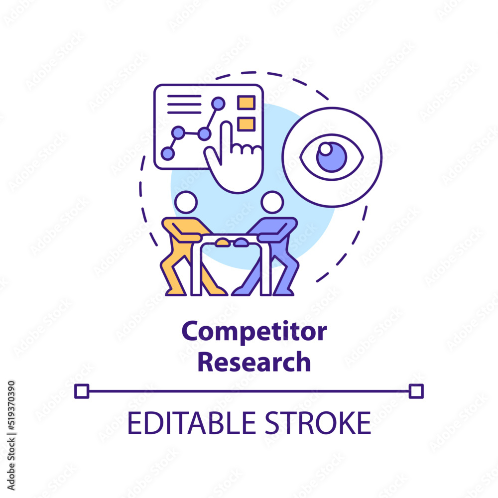 Competitor research concept icon. SEO tests. Content design analytics abstract idea thin line illustration. Isolated outline drawing. Editable stroke. Arial, Myriad Pro-Bold fonts used