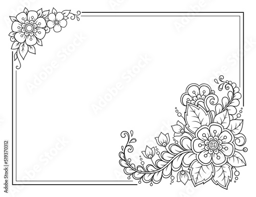 Frame in eastern tradition. Stylized with henna tattoos decorative pattern for decorating covers for book, notebook, casket, magazine, postcard and folder. Flower border in mehndi style.