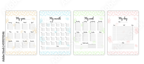 Planner templates. Vector set of colorful printable task organizers for year, month, week and day. Blank personal planner book pages. Tropical leaf design