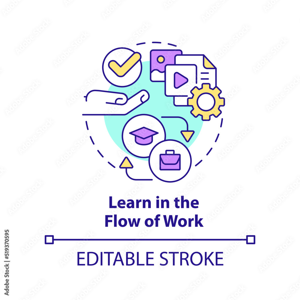 Learn in flow of work concept icon. Staff development. Key imperative abstract idea thin line illustration. Isolated outline drawing. Editable stroke. Arial, Myriad Pro-Bold fonts used