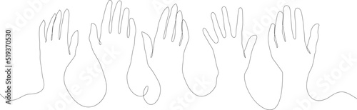 Continuous one line raised hands. Volunteering vector concept.