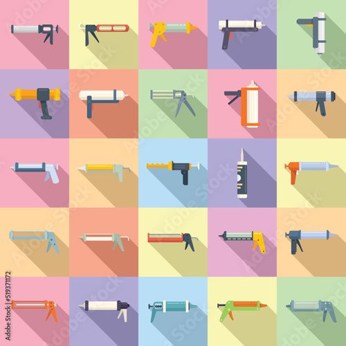 Silicone caulk gun icons set flat vector. Adhesive builder