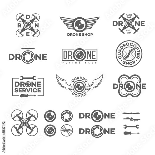 Set of drone and quadrocopter logo isolated on white background and drone element and equipment. Set of drone flying club labels, badges and design elements. Vector Illustration