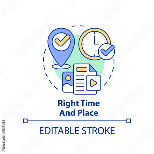 Right time and place concept icon. Marketing strategy. Content tip abstract idea thin line illustration. Isolated outline drawing. Editable stroke. Arial, Myriad Pro-Bold fonts used