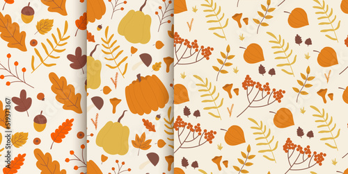 Autumn floral pattern with forest mushroom, cute fall leaves vector illustration. Cartoon acorn, nature flower and foliage, maple or oak leaf, red berry and pumpkin woodland decorative design template