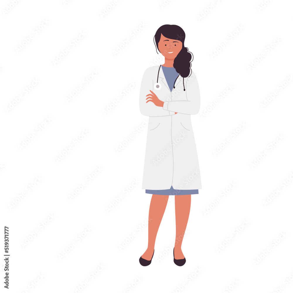 Confident female doctor with crossed arms. Hospital worker in uniform vector illustration
