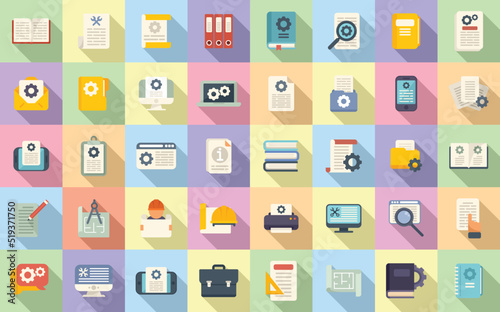 Technical document icons set flat vector. Building manual