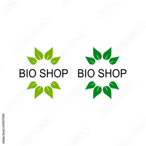 BIO SHOP LABELS WITH GREEN LEAVES ISOLATED ON WHITE
