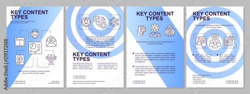 Key content types blue brochure template. Brand promotion. Leaflet design with linear icons. Editable 4 vector layouts for presentation, annual reports. Arial, Myriad Pro-Regular fonts used