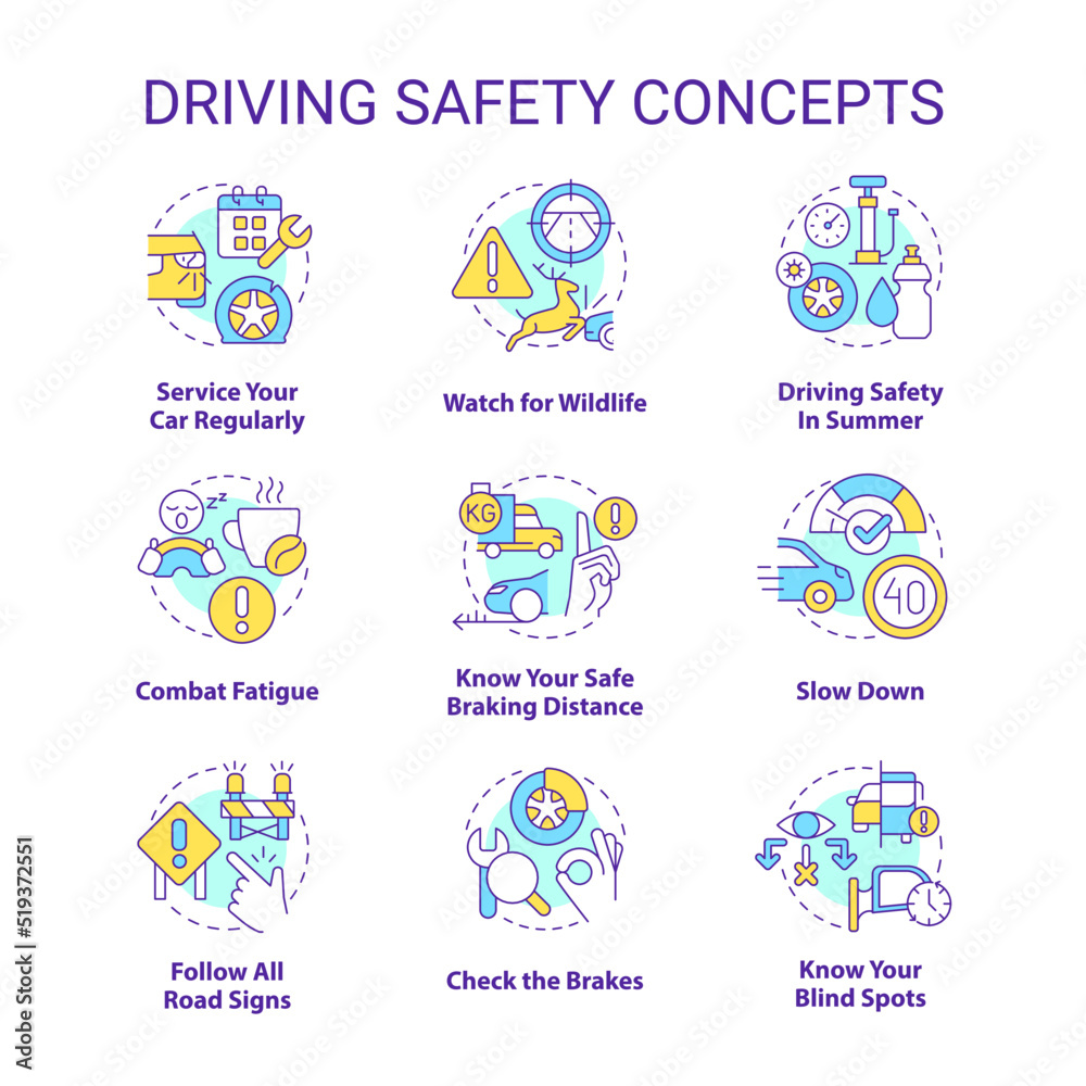 Driving safety concept icons set. Speed limits. Road signs and rules. idea thin line color illustrations. Isolated symbols. Editable stroke. Roboto-Medium, Myriad Pro-Bold fonts used