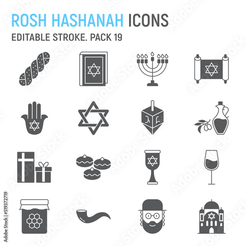 Rosh Hashanah glyph icon set, hanukkah collection, vector graphics, logo illustrations, Rosh Hashanah vector icons, jewish signs, solid pictograms, editable stroke