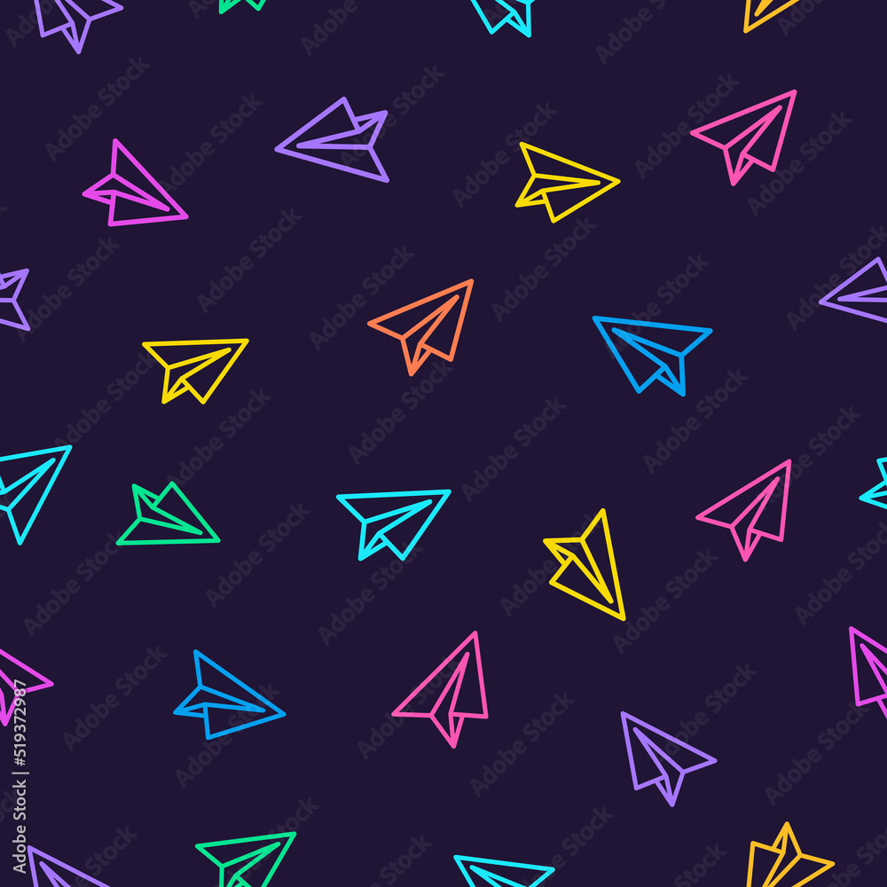 Paper plane pattern colorful line style on dark purple background. Decoration element use for web site, textile and other. Vector Illustration Paper plane pattern colorful line style on dark purple background. Decoration element use for web site, textile and other. Vector Illustration