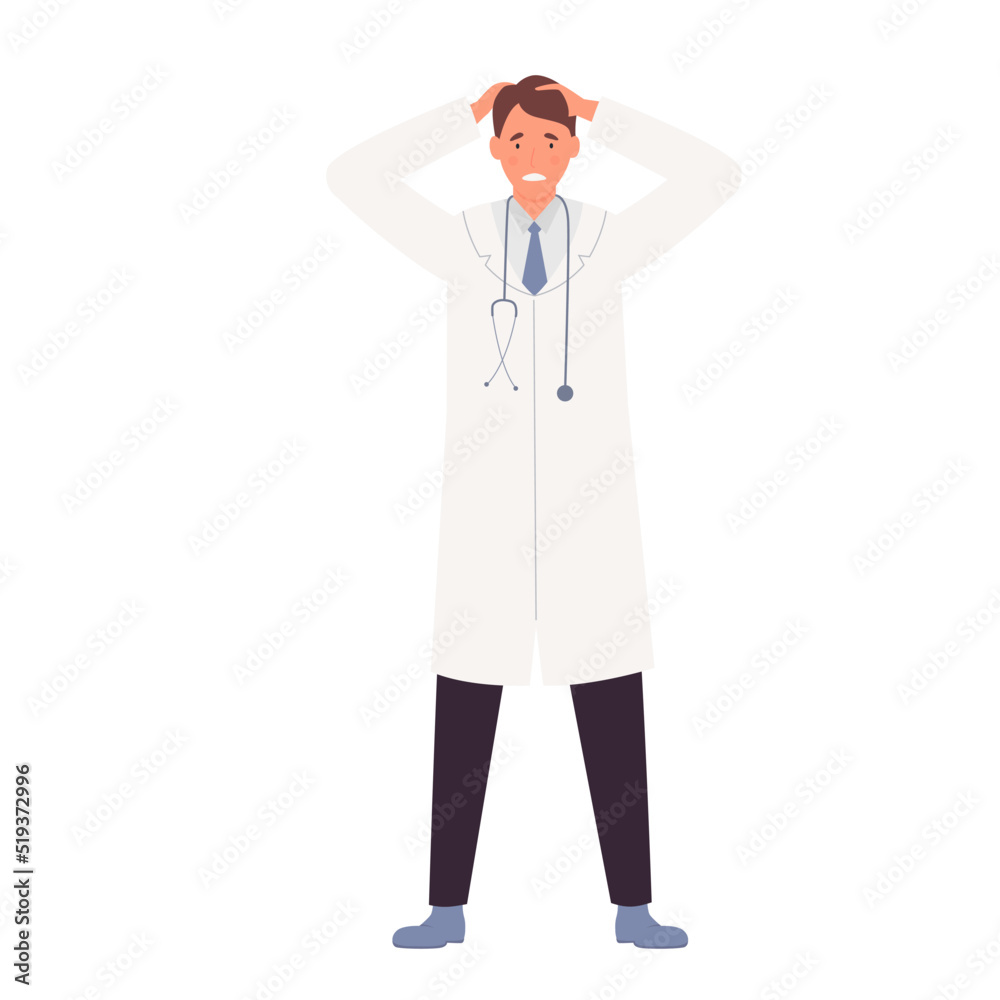 Male doctor holding head with hand. Worried shocked medical worker vector illustration Male doctor holding head with hand. Worried shocked medical worker vector illustration