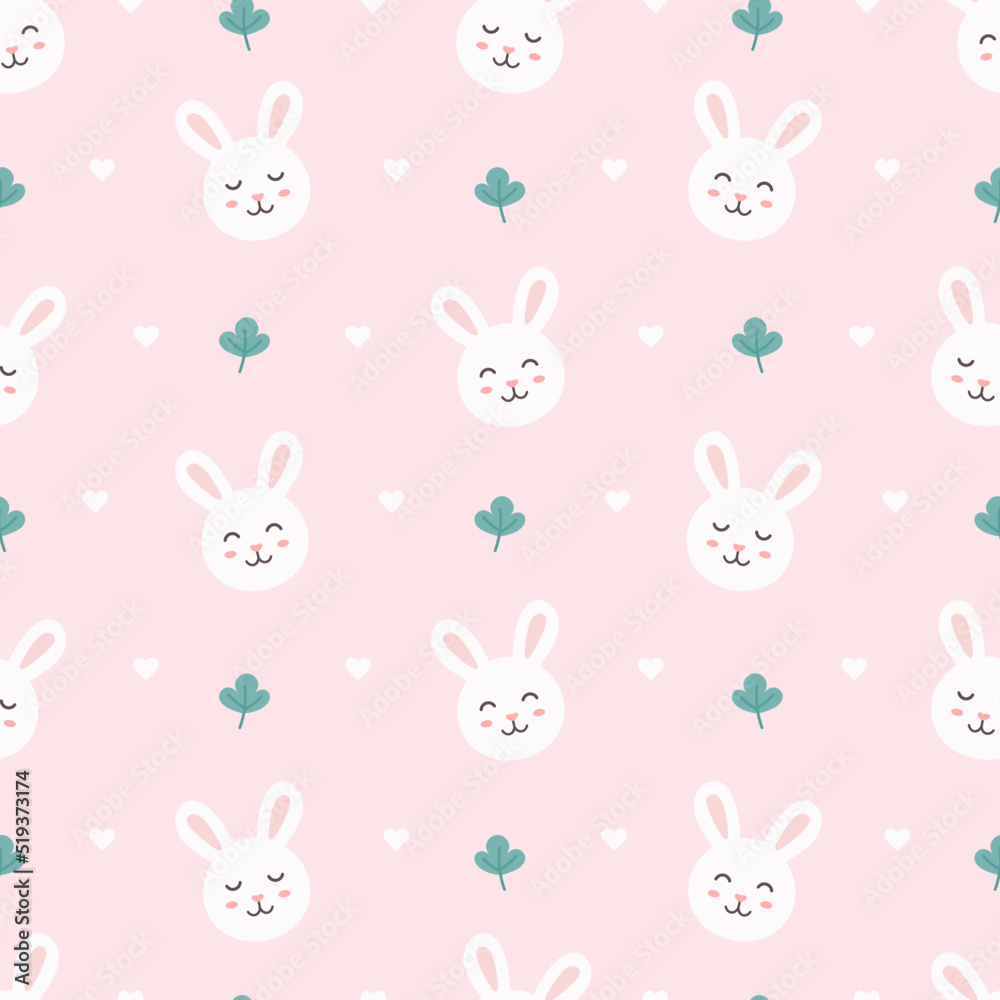 Cute rabbit with clover, seamless pattern. Pink background. Pastel concept. Cute cartoon. Kawaii character Cute rabbit with clover, seamless pattern. Pink background. Pastel concept. Cute cartoon. Kawaii character