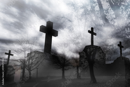 Fotografiet Cemetery or graveyard in the night with dark sky