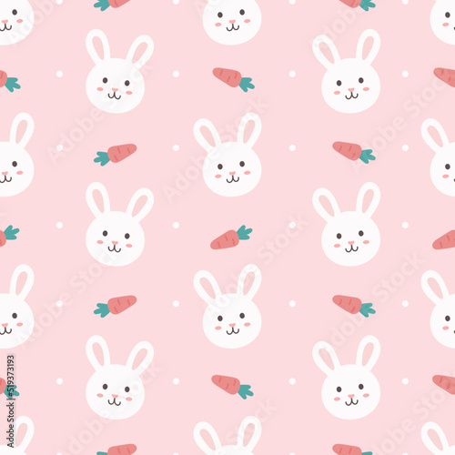 Cute rabbit with carrot  seamless pattern. Pink background. Pastel concept. Cute cartoon. Kawaii character