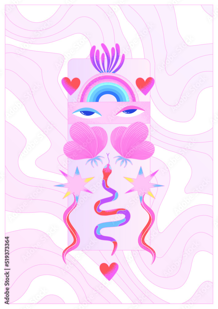 Colorful psychedelic poster with human eyes, snakes, stars, rainbow and pink wavy background. Contemporary Art. Magical and summer mood. Vector illustration Colorful psychedelic poster with human eyes, snakes, stars, rainbow and pink wavy background. Contemporary Art. Magical and summer mood. Vector illustration