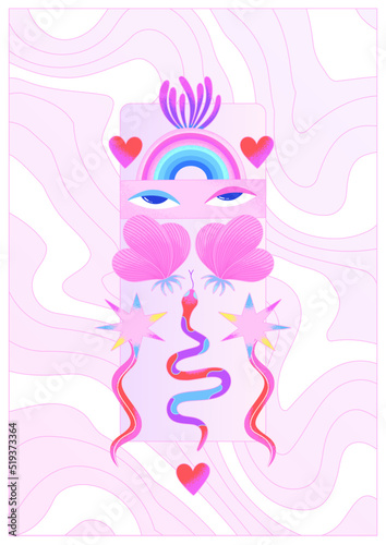 Colorful psychedelic poster with human eyes, snakes, stars, rainbow and pink wavy background. Contemporary Art. Magical and summer mood. Vector illustration