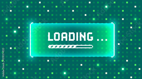 Web banner with phrase Loading. Sci-fi screen background with neon design