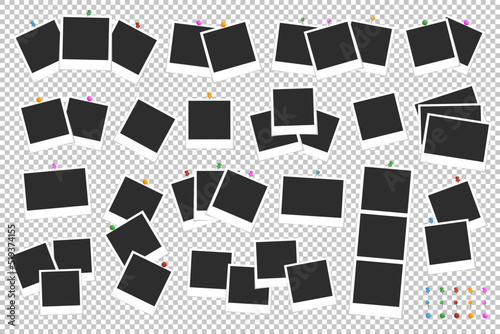 Photo frame set pinned push button with shadow isolated on square background ready for your use. Vector illustration