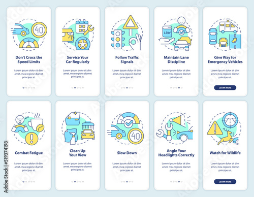 Driving safety onboarding mobile app screen set. Rules and regulations walkthrough 5 steps editable graphic instructions with linear concepts. UI, UX, GUI template. Myriad Pro-Bold, Regular fonts used