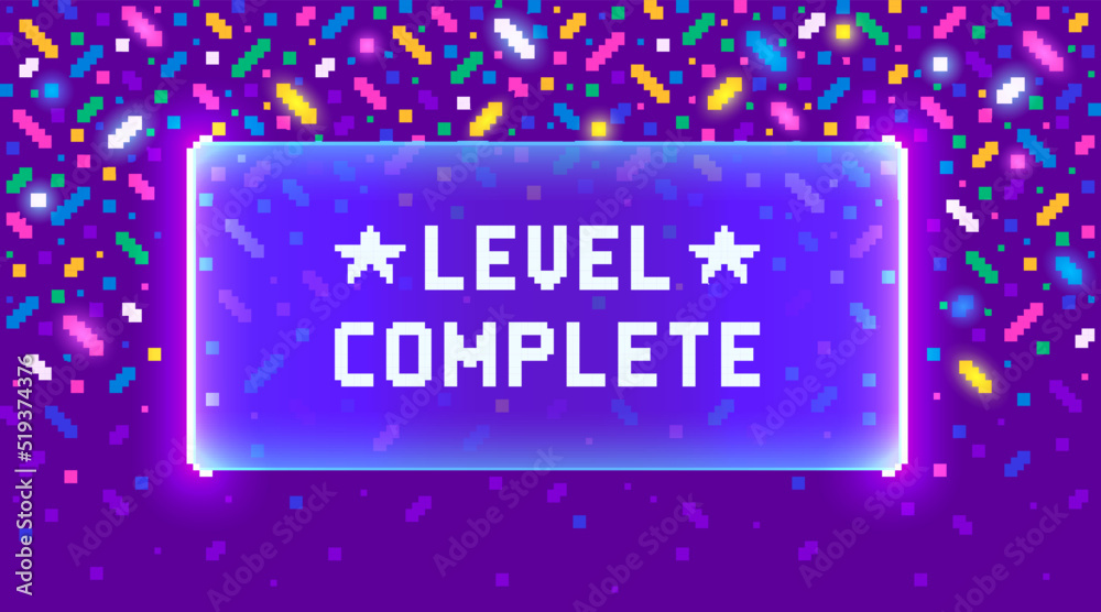 © PixelChoice - Web banner with phrase Level Complete. Sci-fi screen background with neon design
