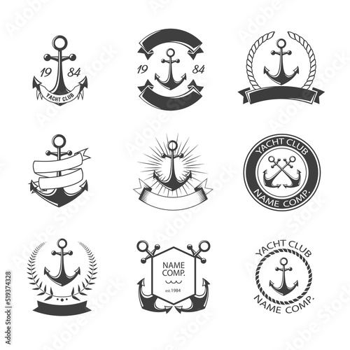 Anchor logo and yacht club set. Retro Vintage Logotypes or insignias set. Vector design elements, business signs, logos, identity, labels, badges, apparel, ribbons, stickers and other branding objects