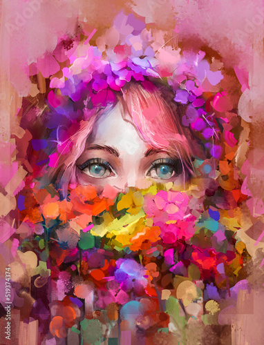 Abstract color paint, portrait of person in oil painting. Modern art, Beauty portrait of a young female model. Fashion illustration artwork, paint lady - woman face with colorfull flower design photo