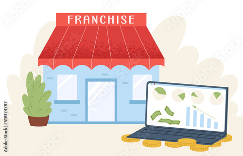 Sells franchise online. Sale and purchase of franchise. Financial success. Online franchising. Flat graphic vector illustration