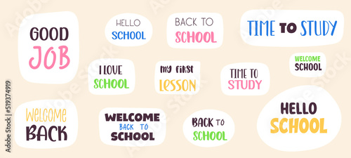 Collection of Back to School inscriptions phrases. Set of lettering written slogans or phrases. Bundle of Back to School inscriptions. Vector illustration