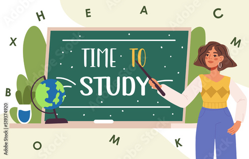 Female teacher in classroom. School and learning concept, teacher's day. Welcome back to school. Flat vector illustration