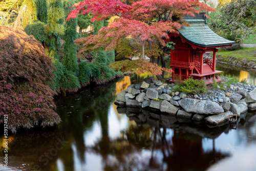Red Pagoda in Japanese Garden Pond in Point Defiance Park, Tacoma, WA photo