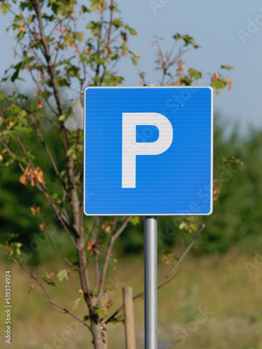 Vertical photo of a Parking Sign with the sky and trees in the background