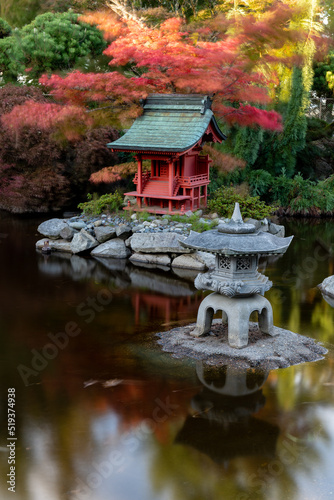 Red Pagoda and Lantern in Japanese Garden Pond in Point Defiance Park, Tacoma, WA