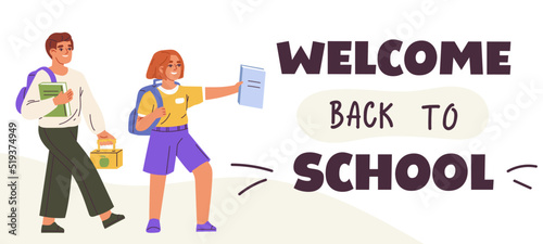 Welcome back to school banner with kids of primary school. Back to school. Children with books and backpack. Flat vector illustration