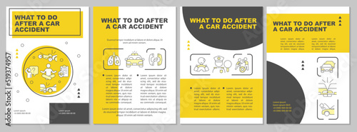 What to do after accident yellow brochure template. Leaflet design with linear icons. Editable 4 vector layouts for presentation, annual reports. Arial-Black, Myriad Pro-Regular fonts used