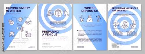 Wintertime driving safety rules blue brochure template. Leaflet design with linear icons. Editable 4 vector layouts for presentation, annual reports. Arial-Black, Myriad Pro-Regular fonts used