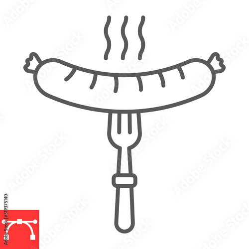 Sausage on fork line icon, meat and oktoberfest, bratwurst on fork vector icon, vector graphics, editable stroke outline sign, eps 10.