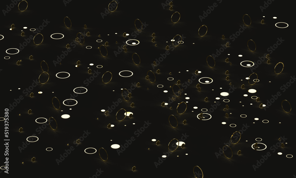 A pattern of golden gears, metal mechanisms. 3d render on the theme of watches, mechanisms, jewelry. Modern minimal style, dark background.